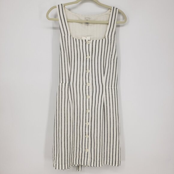 a new day Striped Button Front Sun Dress XL Linen Blend Mini Cream Black - Picture 1 of 11